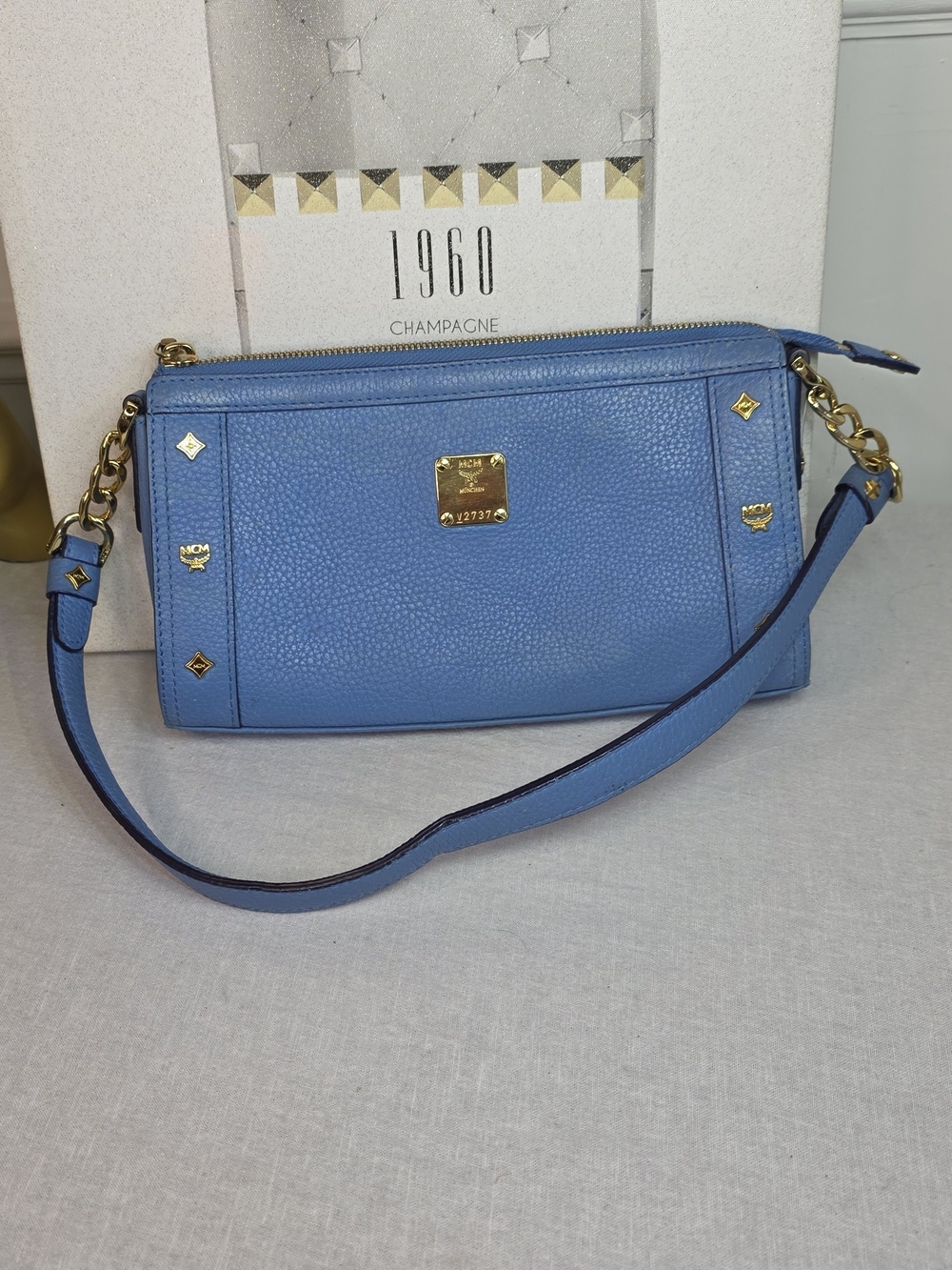 MCM Sky Blue Leather Shoulder Bag with Gold Hardware